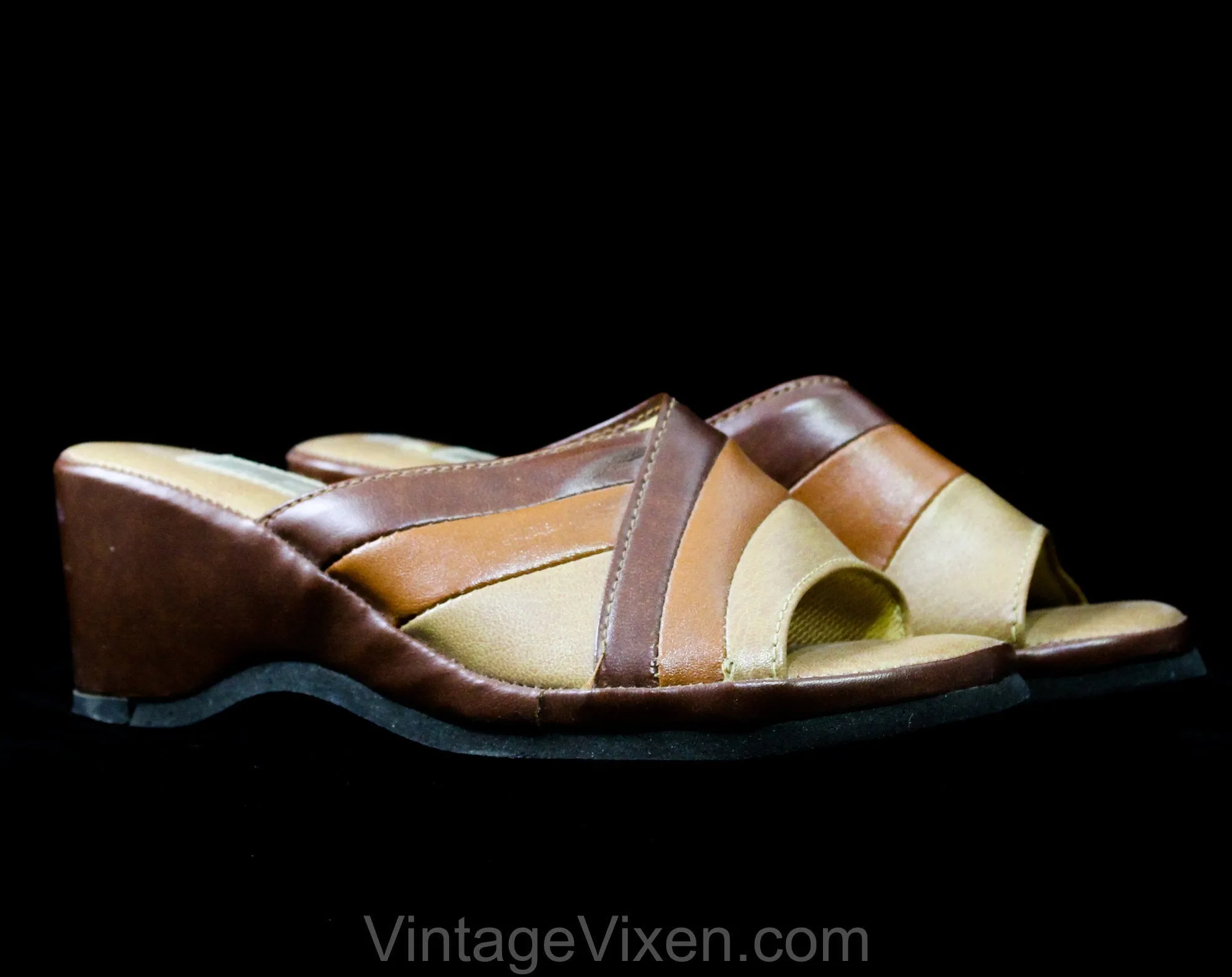 Size 5 Summer Sandals - Tan 1970s Shoes - Three Color Brown Mules Wedges Platform Heels - Open Toe 70s Espadrilles Retro Curves - Love Mates