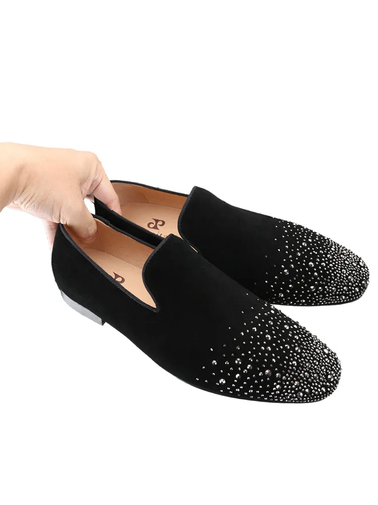 Summer black nubuck leather men's slip-on red sole shoes, silver hot diamond European and American loafers, breathable leather lining