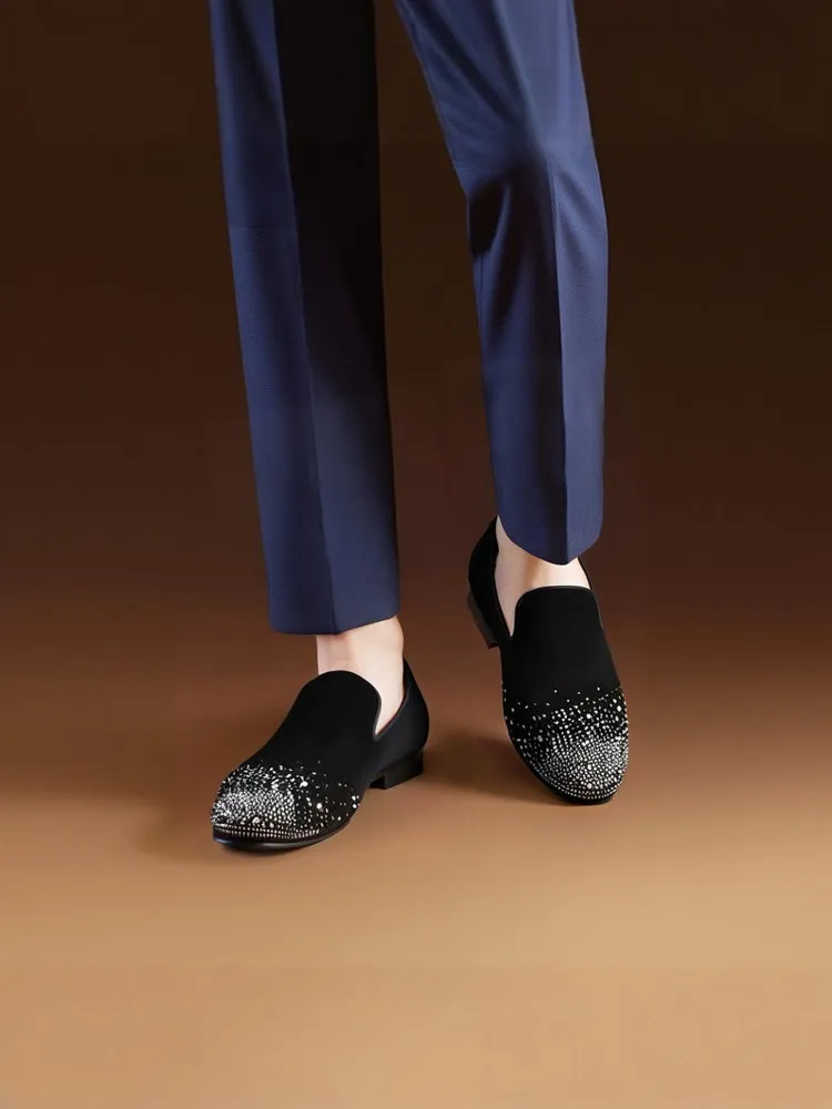 Summer black nubuck leather men's slip-on red sole shoes, silver hot diamond European and American loafers, breathable leather lining