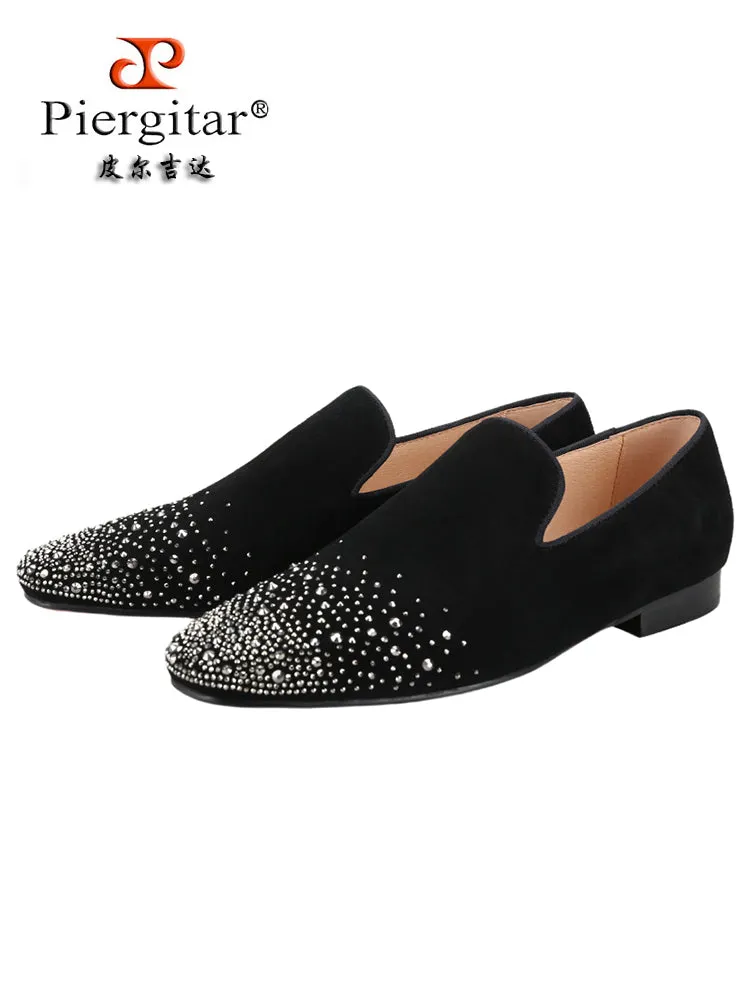 Summer black nubuck leather men's slip-on red sole shoes, silver hot diamond European and American loafers, breathable leather lining