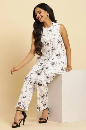 White Sleeveless Floral Printed Kurta And Pant Co-Ord Set