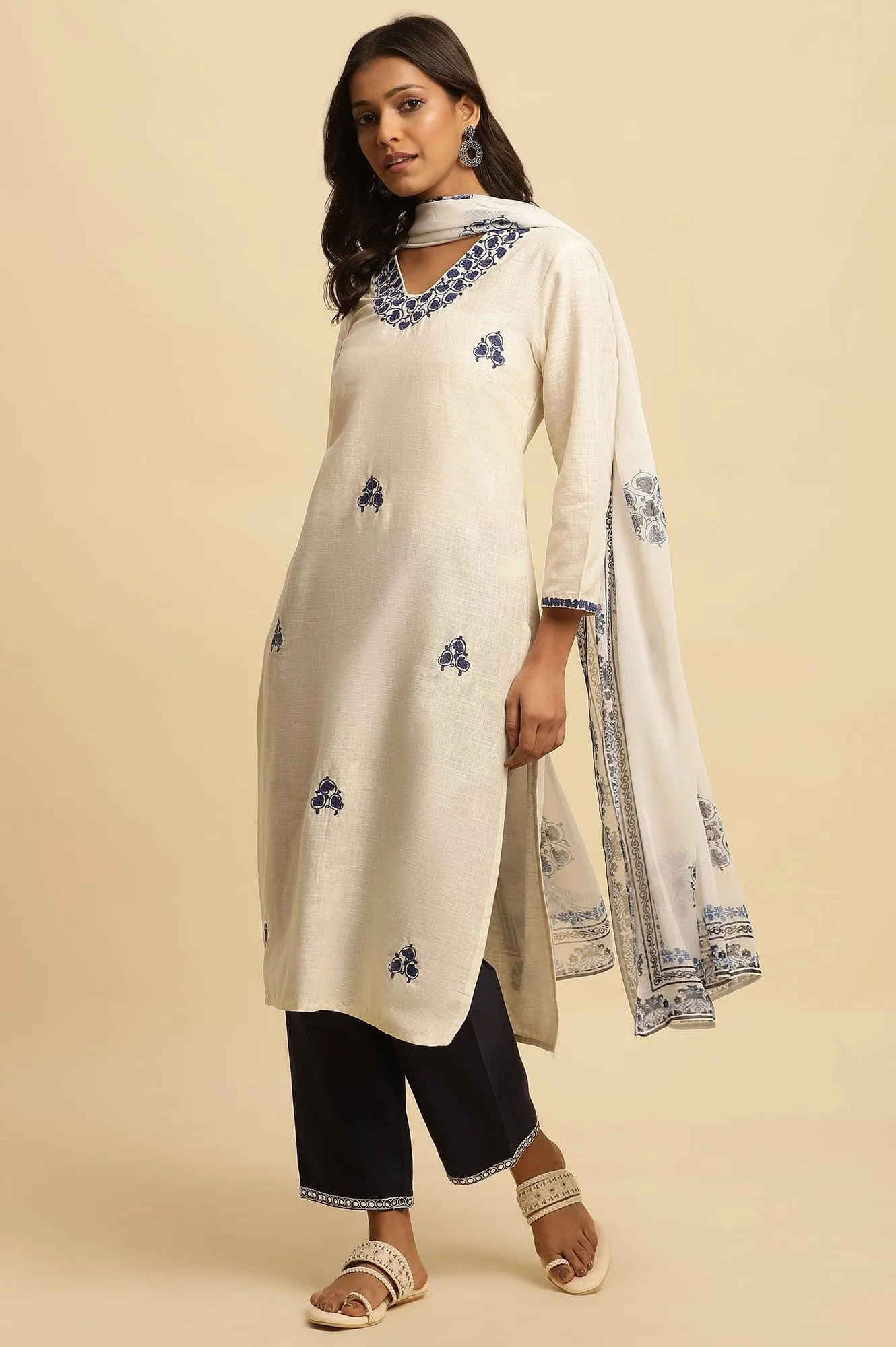 White Straight Kurta With Blue Embroidery