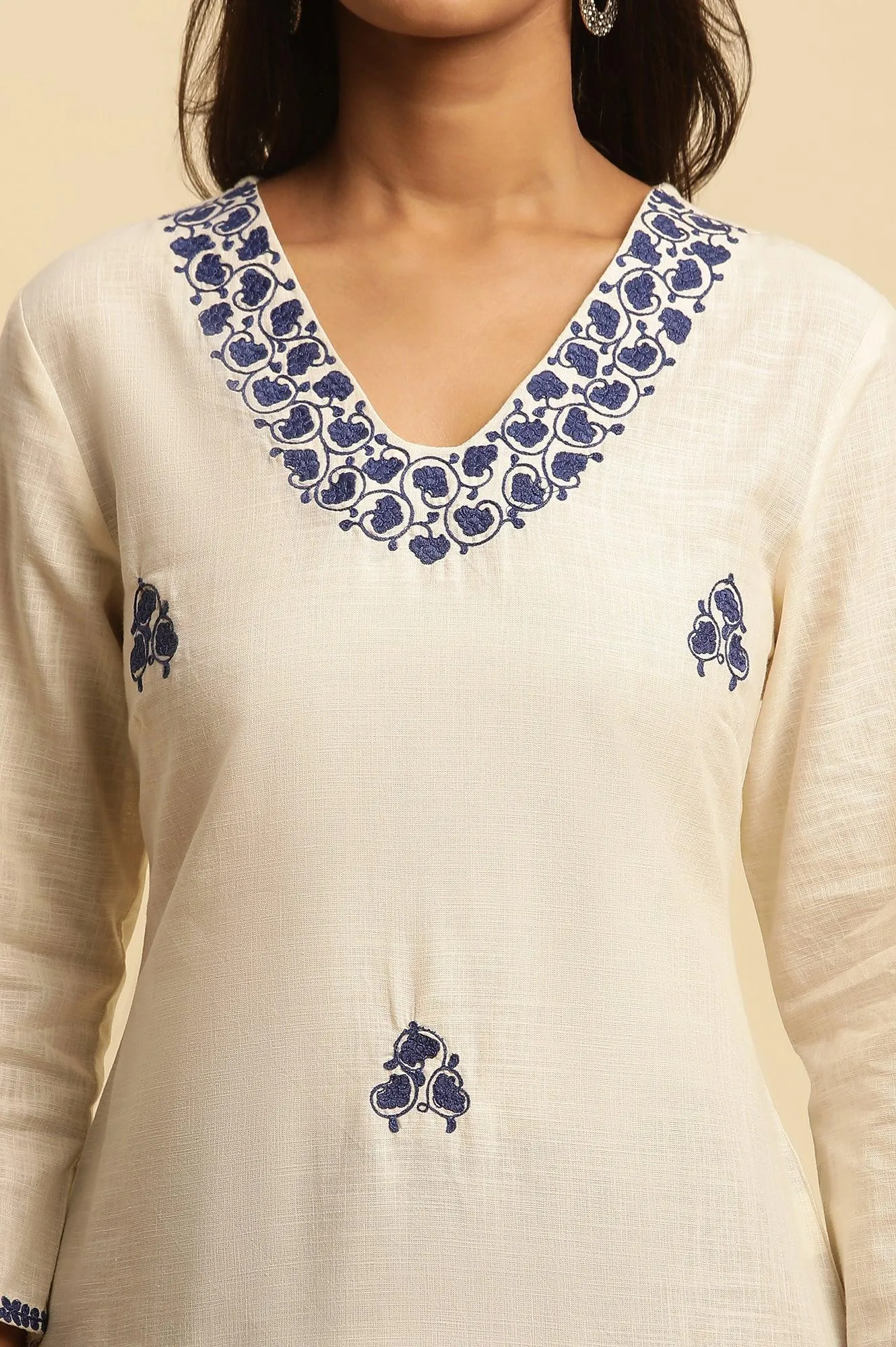 White Straight Kurta With Blue Embroidery