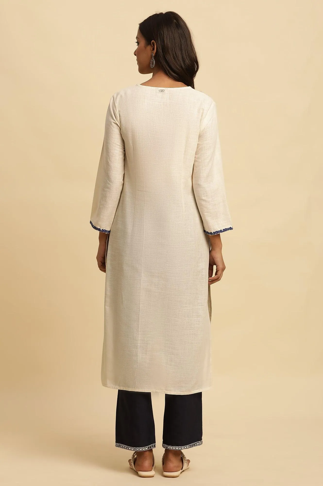 White Straight Kurta With Blue Embroidery