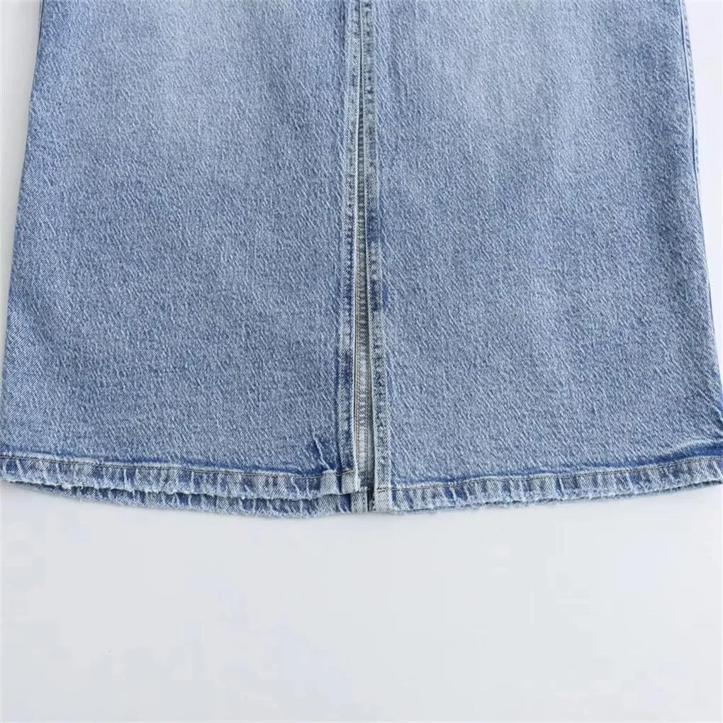 Women's High Waist Midi Skirts Wrap Hip Slim Fit Split Denim Skirt Solid Casual Pencil