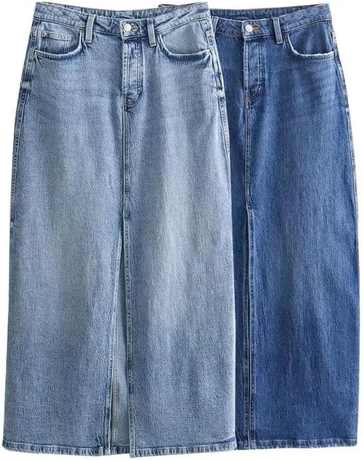 Women's High Waist Midi Skirts Wrap Hip Slim Fit Split Denim Skirt Solid Casual Pencil
