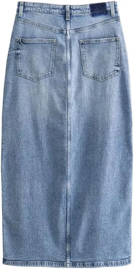 Women's High Waist Midi Skirts Wrap Hip Slim Fit Split Denim Skirt Solid Casual Pencil