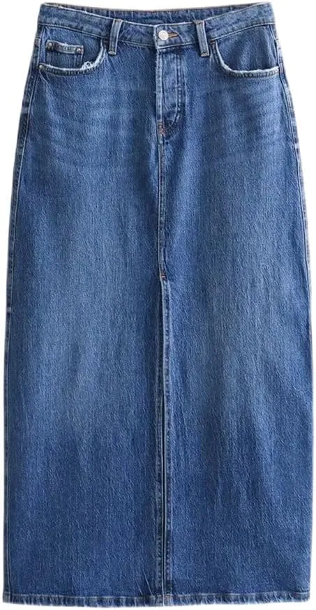 Women's High Waist Midi Skirts Wrap Hip Slim Fit Split Denim Skirt Solid Casual Pencil