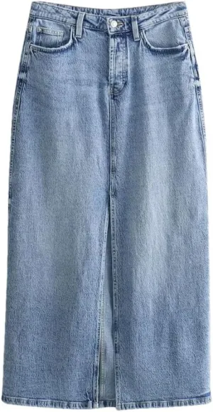 Women's High Waist Midi Skirts Wrap Hip Slim Fit Split Denim Skirt Solid Casual Pencil