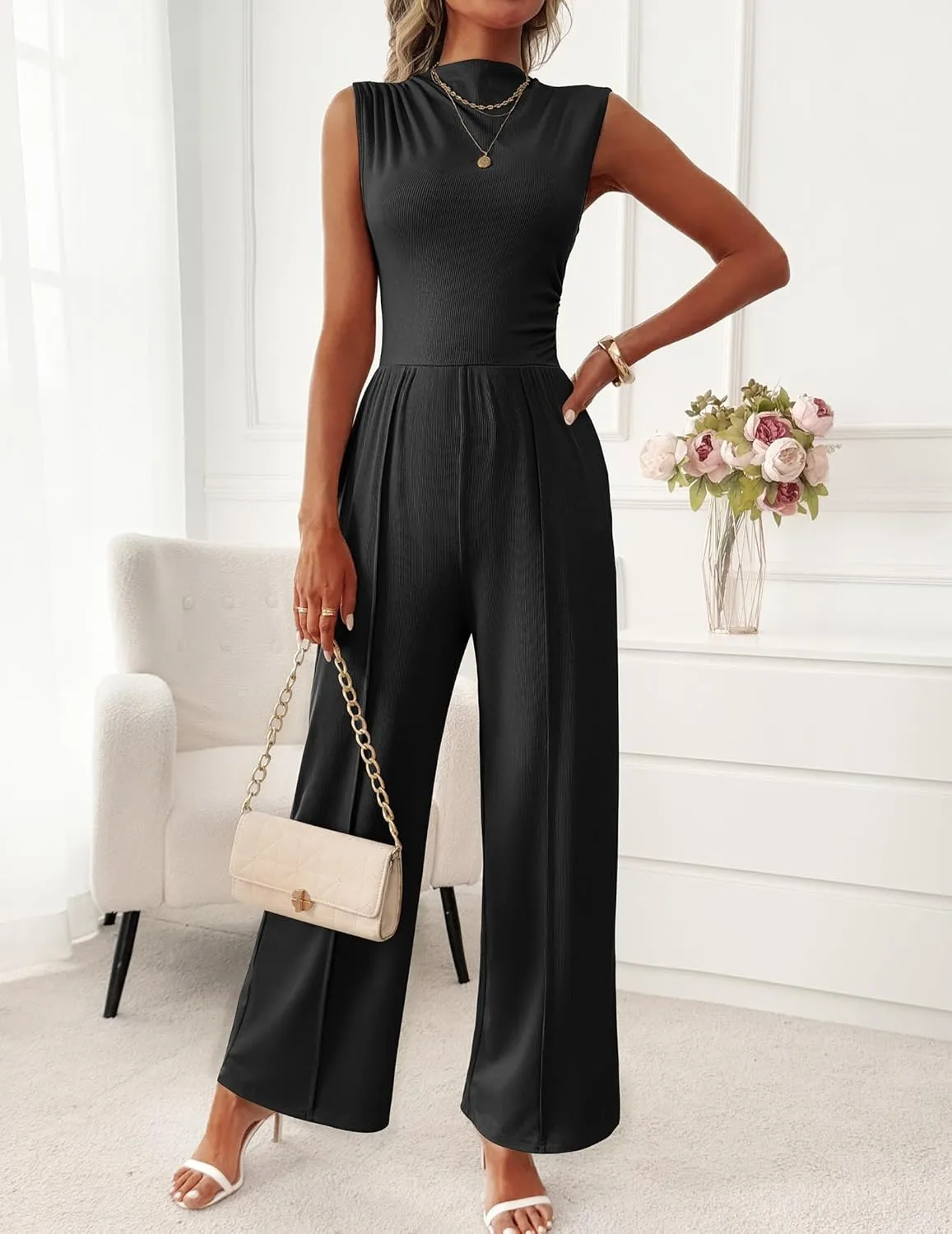 Womens Jumpsuits Dressy Casual Summer Sleeveless Mock Neck Wide Leg Pants Rompers with Pockets One Piece Outfits