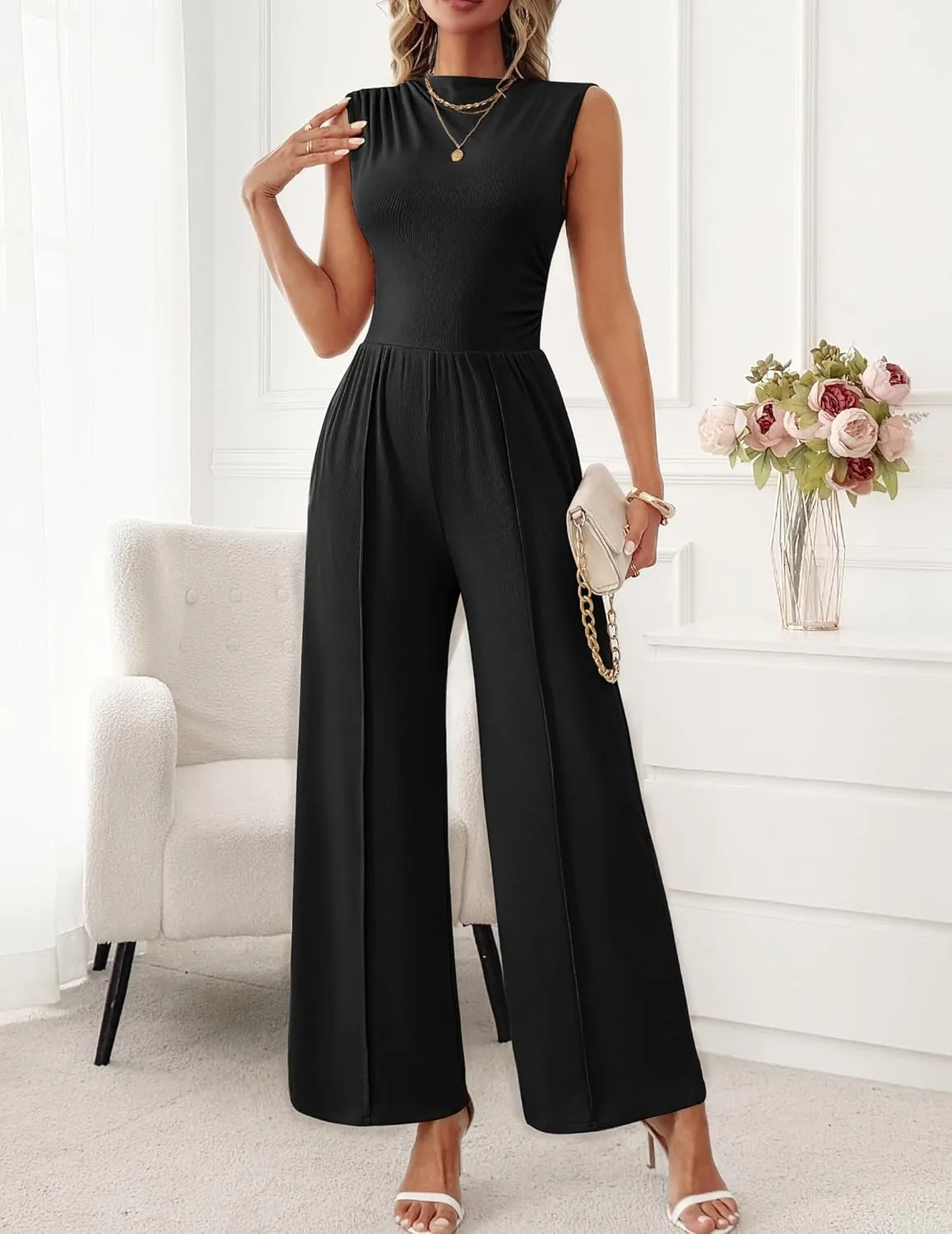 Womens Jumpsuits Dressy Casual Summer Sleeveless Mock Neck Wide Leg Pants Rompers with Pockets One Piece Outfits
