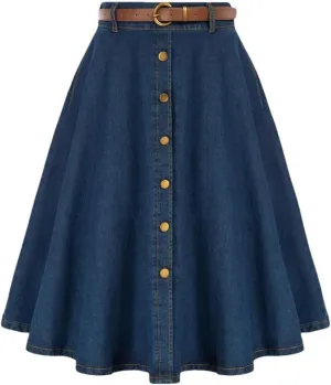 Women's Vintage Jean Midi Skirt with Belt Elastic High Waist A-Line Buttons Causal Denim Skirts