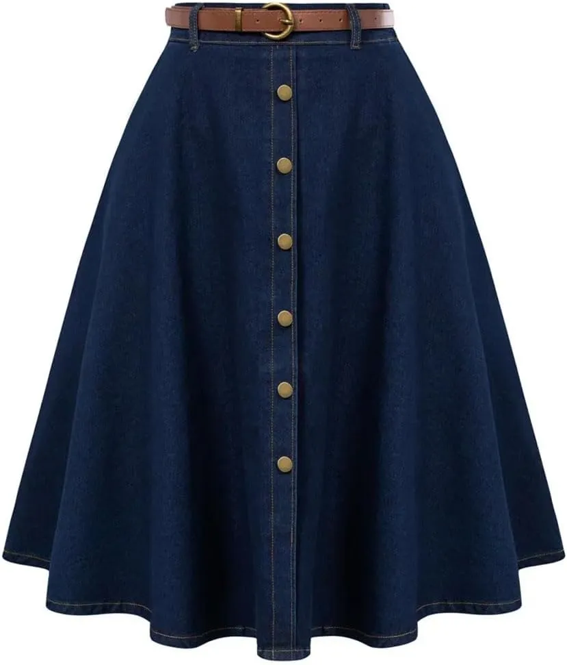 Women's Vintage Jean Midi Skirt with Belt Elastic High Waist A-Line Buttons Causal Denim Skirts