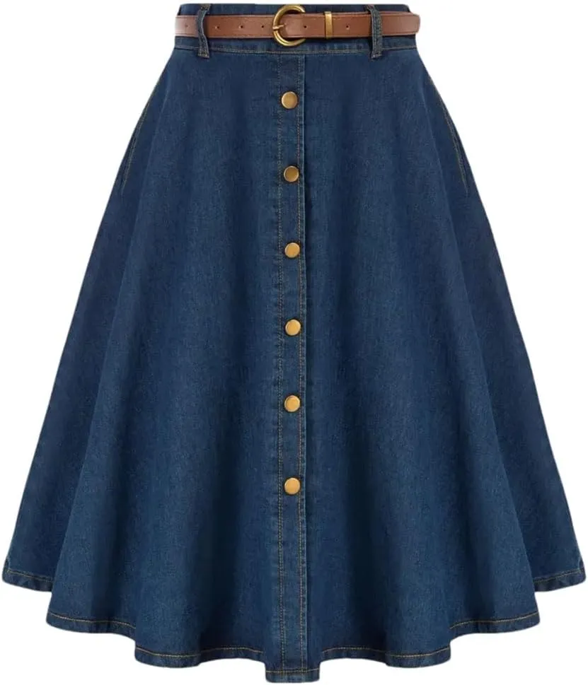 Women's Vintage Jean Midi Skirt with Belt Elastic High Waist A-Line Buttons Causal Denim Skirts