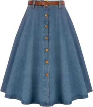 Women's Vintage Jean Midi Skirt with Belt Elastic High Waist A-Line Buttons Causal Denim Skirts