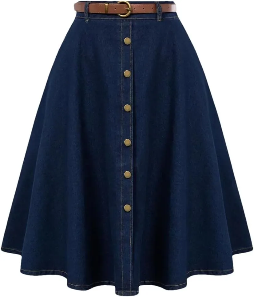 Women's Vintage Jean Midi Skirt with Belt Elastic High Waist A-Line Buttons Causal Denim Skirts