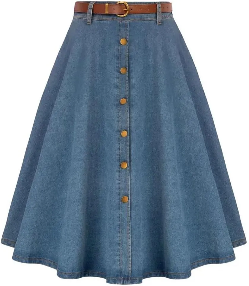 Women's Vintage Jean Midi Skirt with Belt Elastic High Waist A-Line Buttons Causal Denim Skirts